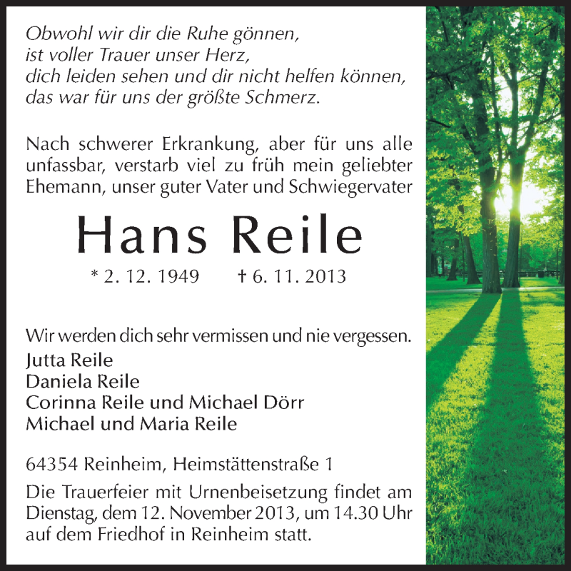  Traueranzeige für Hans Reile vom 09.11.2013 aus Darmstädter Echo, Odenwälder Echo, Rüsselsheimer Echo, Groß-Gerauer-Echo, Ried Echo