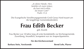 Traueranzeige von Edith Becker von Rüsselsheimer Echo, Groß-Gerauer-Echo, Ried Echo