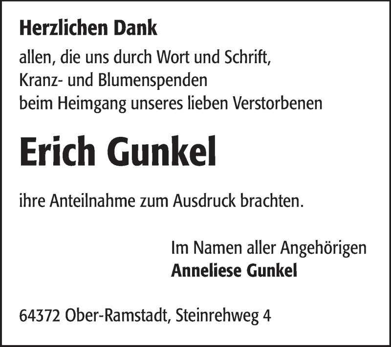  Traueranzeige für Erich Gunkel vom 09.11.2013 aus Echo-Zeitungen (Gesamtausgabe)