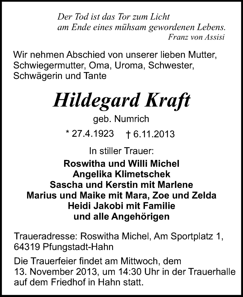  Traueranzeige für Hildegard Kraft vom 09.11.2013 aus Echo-Zeitungen (Gesamtausgabe)