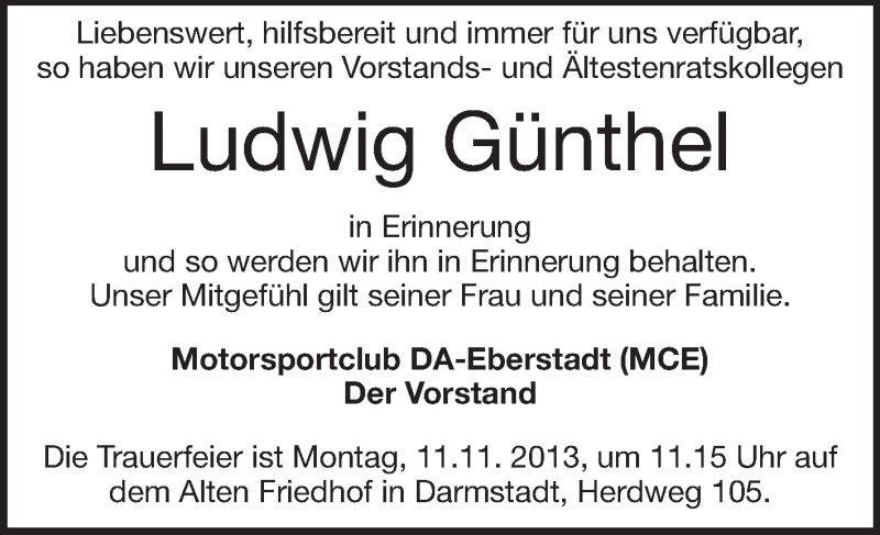  Traueranzeige für Ludwig Günthel vom 09.11.2013 aus Echo-Zeitungen (Gesamtausgabe)
