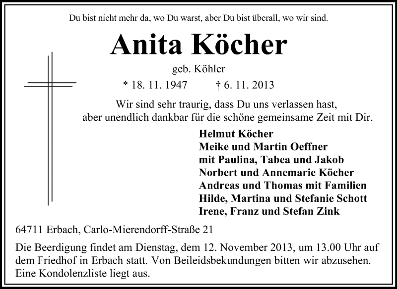  Traueranzeige für Anita Köcher vom 09.11.2013 aus Odenwälder Echo