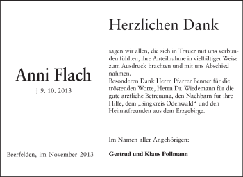 Traueranzeige von Anni Flach von Odenwälder Echo