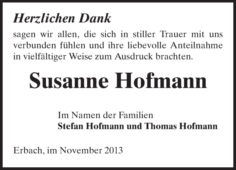  Traueranzeige für Susanne Hofmann vom 09.11.2013 aus Odenwälder Echo