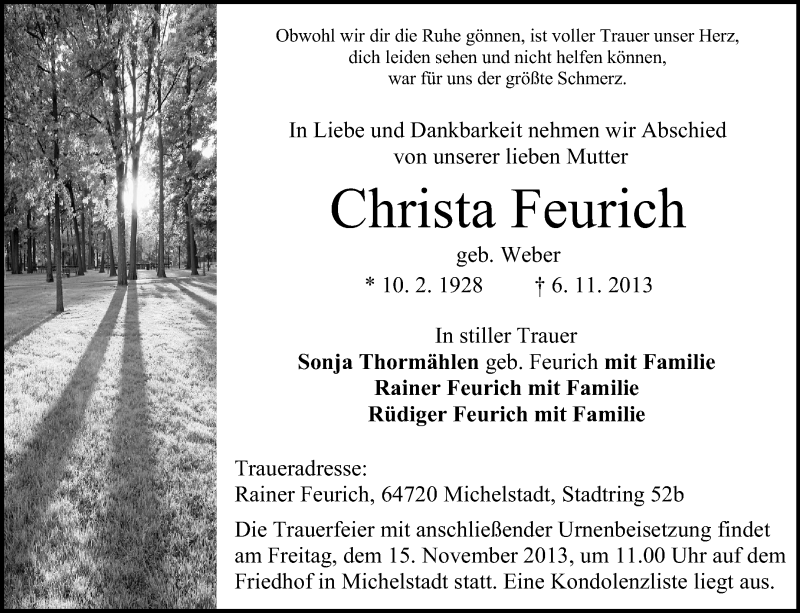  Traueranzeige für Christa Feurich vom 09.11.2013 aus Odenwälder Echo