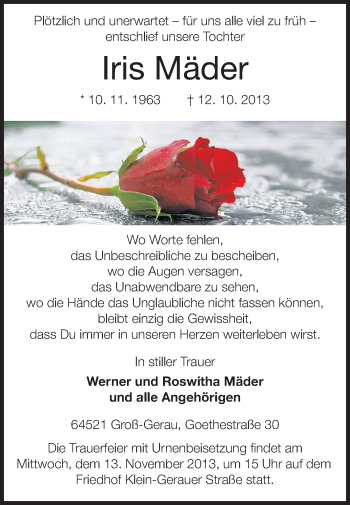 Traueranzeige von Iris Mäder von Rüsselsheimer Echo, Groß-Gerauer-Echo, Ried Echo