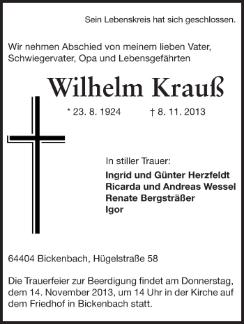 Traueranzeige von Wilhelm Krauß von Echo-Zeitungen (Gesamtausgabe)