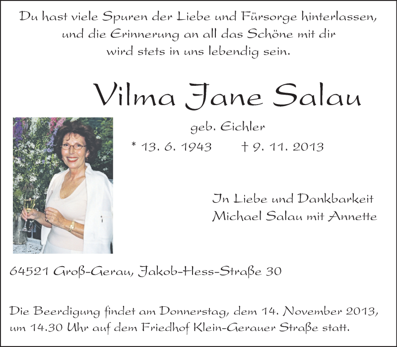  Traueranzeige für Vilma Jane Salau vom 11.11.2013 aus Rüsselsheimer Echo, Groß-Gerauer-Echo, Ried Echo