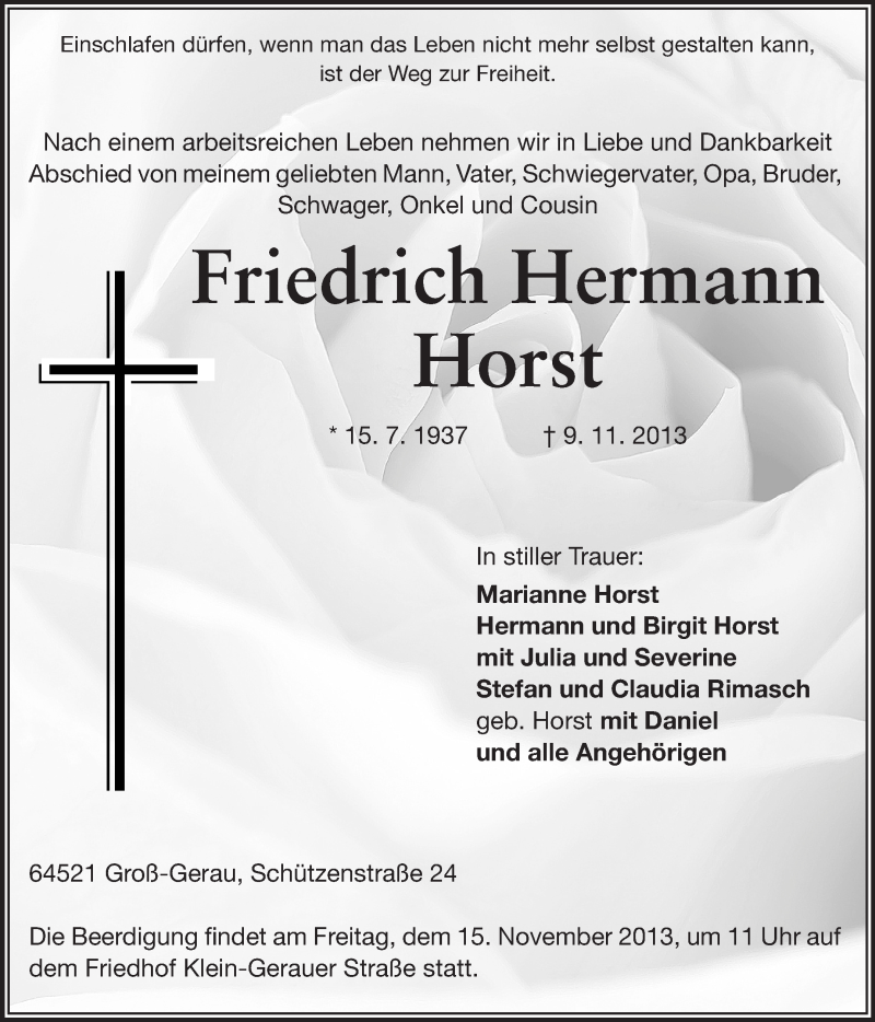  Traueranzeige für Friedrich Hermann Horst vom 11.11.2013 aus Rüsselsheimer Echo, Groß-Gerauer-Echo, Ried Echo