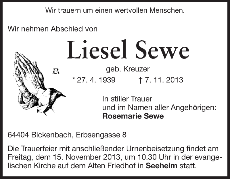  Traueranzeige für Liesel Sewe vom 11.11.2013 aus Echo-Zeitungen (Gesamtausgabe)