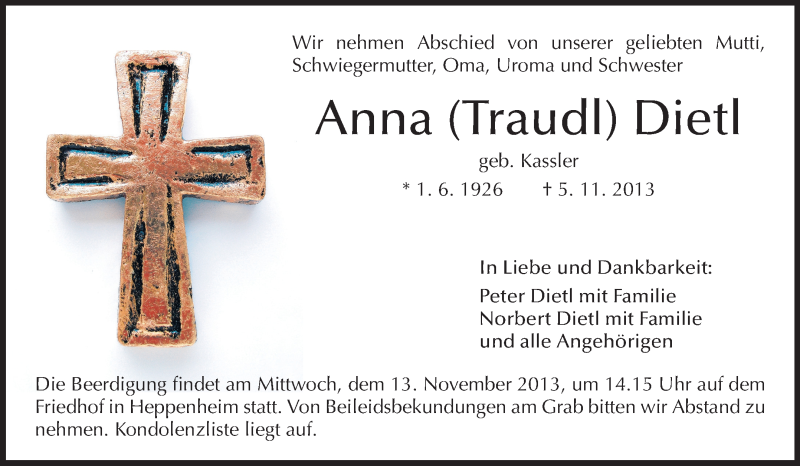  Traueranzeige für Anna Dietl vom 12.11.2013 aus Starkenburger Echo