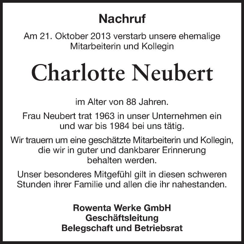  Traueranzeige für Charlotte Neubert vom 13.11.2013 aus Odenwälder Echo