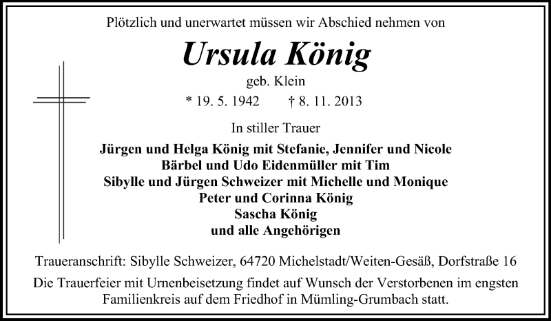  Traueranzeige für Ursula König vom 12.11.2013 aus Odenwälder Echo