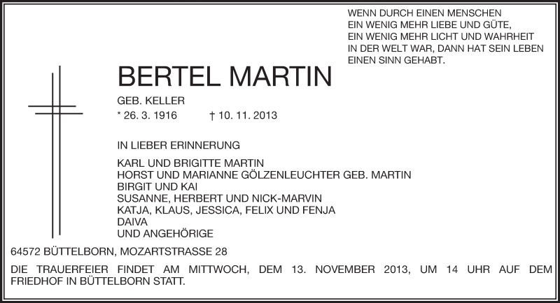  Traueranzeige für Bertel Martin vom 12.11.2013 aus Rüsselsheimer Echo, Groß-Gerauer-Echo, Ried Echo