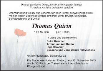 Traueranzeige von Thomas Quirin von Echo-Zeitungen (Gesamtausgabe)