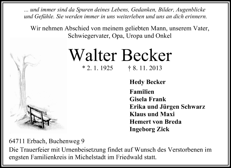  Traueranzeige für Walter Becker vom 12.11.2013 aus Odenwälder Echo