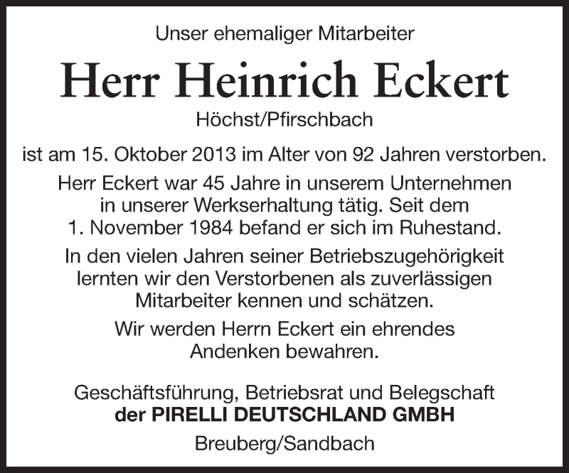  Traueranzeige für Heinrich Eckert vom 12.11.2013 aus Odenwälder Echo