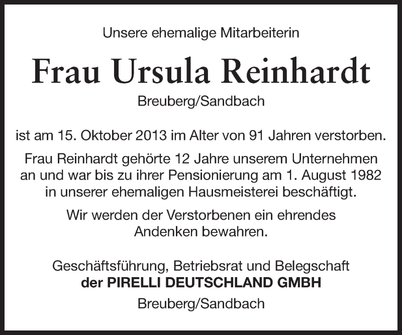  Traueranzeige für Ursula Reinhardt vom 13.11.2013 aus Odenwälder Echo