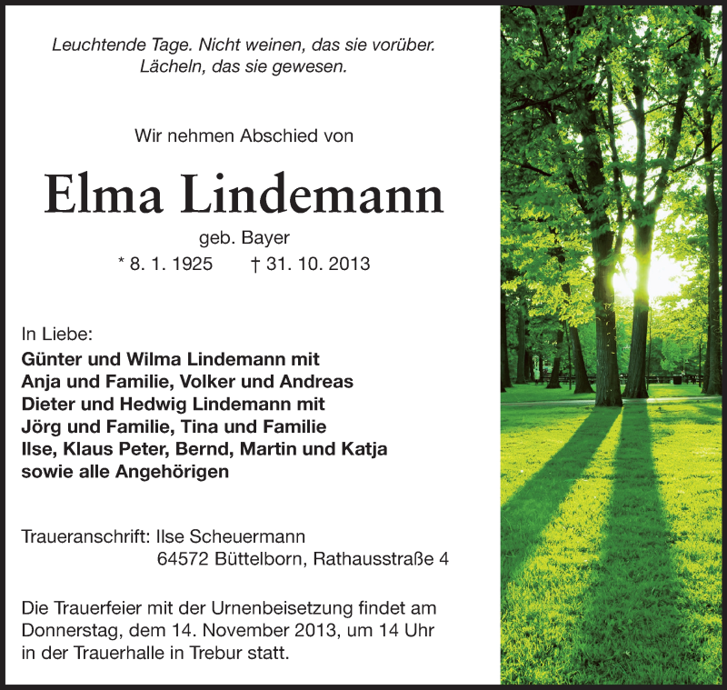  Traueranzeige für Elma Lindemann vom 12.11.2013 aus Rüsselsheimer Echo, Groß-Gerauer-Echo, Ried Echo