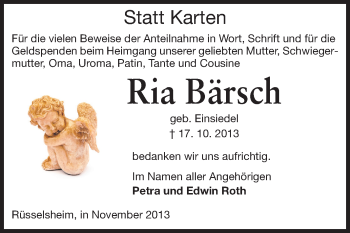 Traueranzeige von Ria Bärsch von Rüsselsheimer Echo, Groß-Gerauer-Echo, Ried Echo