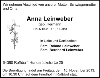Traueranzeige von Anna Leinweber von Echo-Zeitungen (Gesamtausgabe)