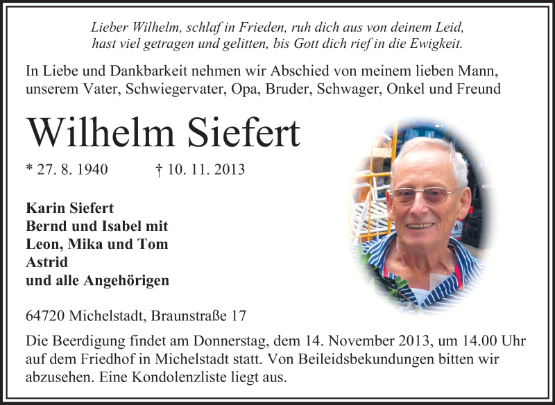  Traueranzeige für Wilhelm Siefert vom 13.11.2013 aus Odenwälder Echo