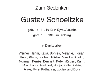 Traueranzeige von Gustav Schoeltzke von Echo-Zeitungen (Gesamtausgabe)