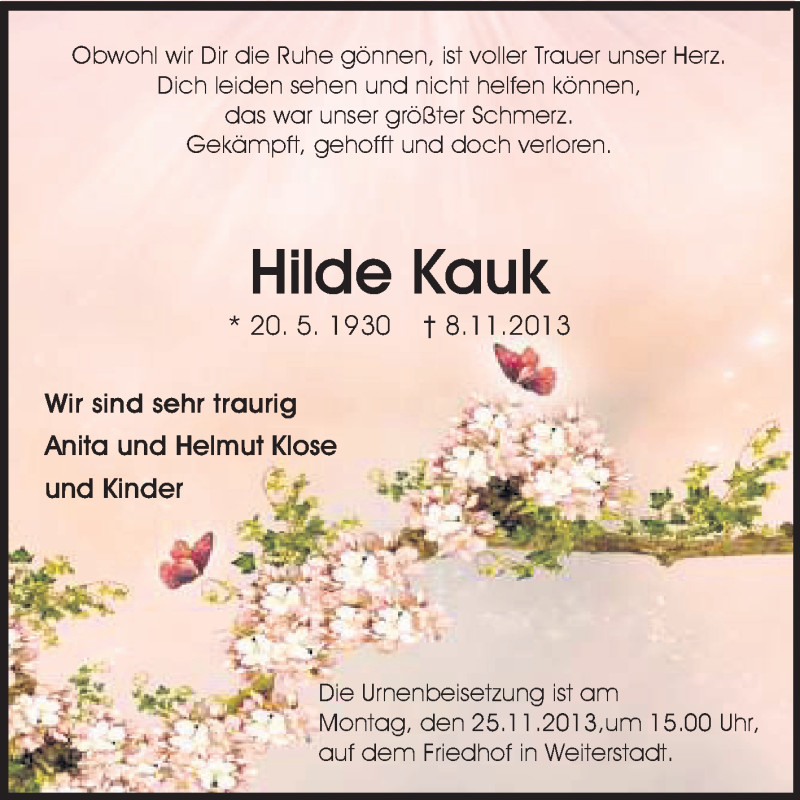  Traueranzeige für Hilde Kauk vom 16.11.2013 aus Echo-Zeitungen (Gesamtausgabe)