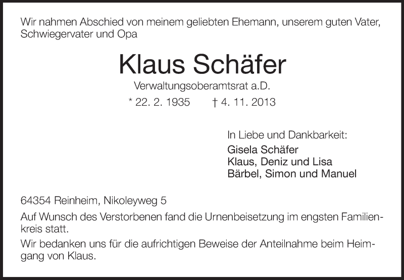  Traueranzeige für Klaus Schäfer vom 16.11.2013 aus Echo-Zeitungen (Gesamtausgabe)