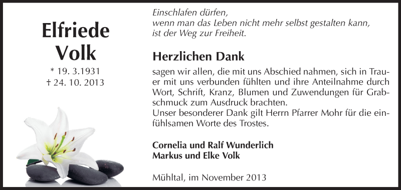  Traueranzeige für Elfriede Volk vom 16.11.2013 aus Echo-Zeitungen (Gesamtausgabe)