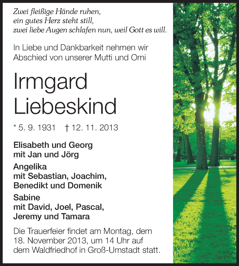  Traueranzeige für Irmgard Liebeskind vom 16.11.2013 aus Echo-Zeitungen (Gesamtausgabe)