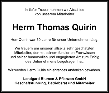 Traueranzeige von Thomas Quirin von Echo-Zeitungen (Gesamtausgabe)