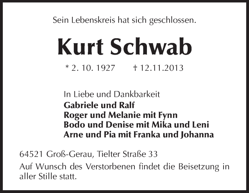 Traueranzeige für Kurt Schwab vom 16.11.2013 aus Rüsselsheimer Echo, Groß-Gerauer-Echo, Ried Echo