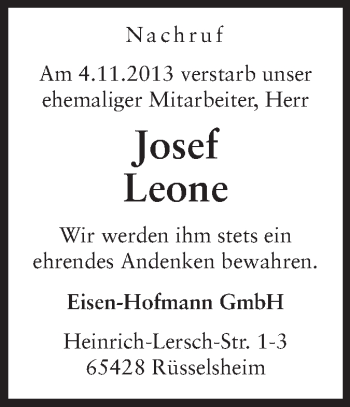 Traueranzeige von Josef Leone von Rüsselsheimer Echo, Groß-Gerauer-Echo, Ried Echo