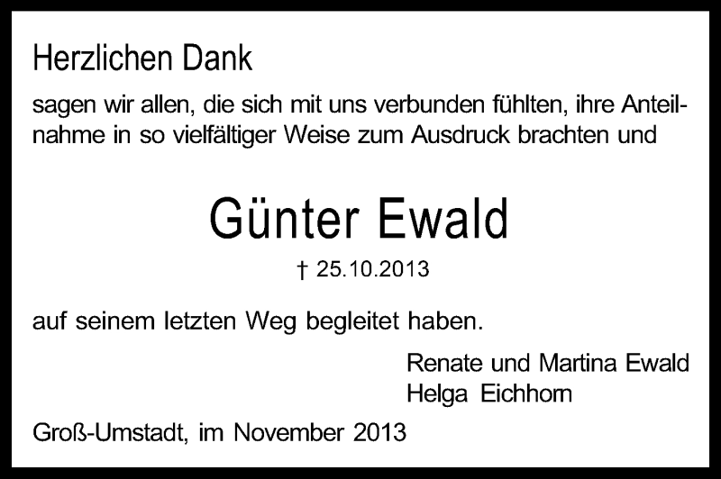  Traueranzeige für Günter Ewald vom 16.11.2013 aus Echo-Zeitungen (Gesamtausgabe)