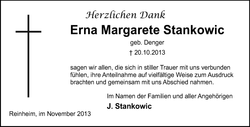  Traueranzeige für Margarete Stankowic vom 23.11.2013 aus Echo-Zeitungen (Gesamtausgabe)