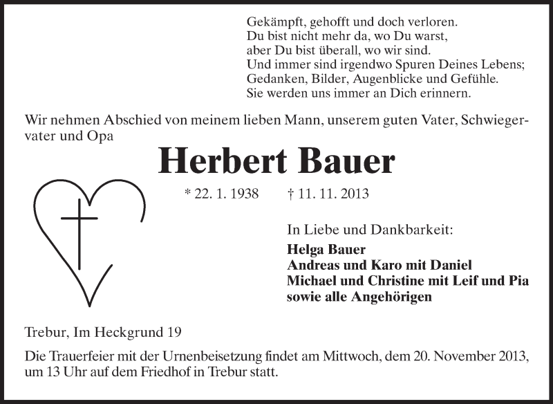  Traueranzeige für Herbert Bauer vom 15.11.2013 aus Rüsselsheimer Echo, Groß-Gerauer-Echo, Ried Echo