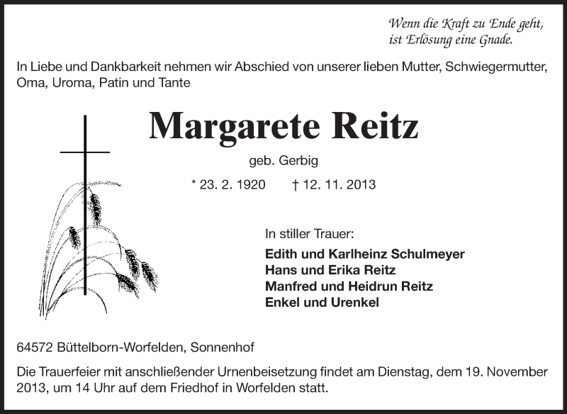  Traueranzeige für Margarete Reitz vom 16.11.2013 aus Rüsselsheimer Echo, Groß-Gerauer-Echo, Ried Echo