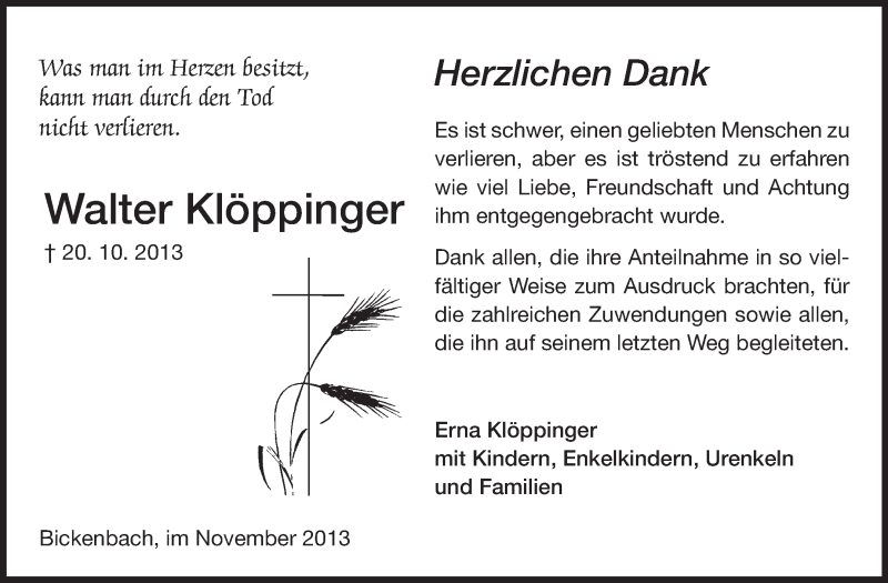  Traueranzeige für Walter Klöppinger vom 16.11.2013 aus Echo-Zeitungen (Gesamtausgabe)