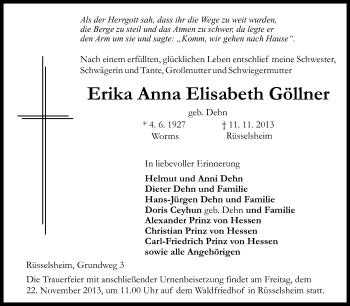 Traueranzeige von Erika Anna Elisabeth Göllner von Rüsselsheimer Echo, Groß-Gerauer-Echo, Ried Echo