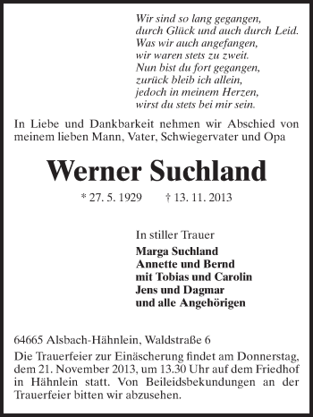 Traueranzeige von Werner Suchland von Echo-Zeitungen (Gesamtausgabe)