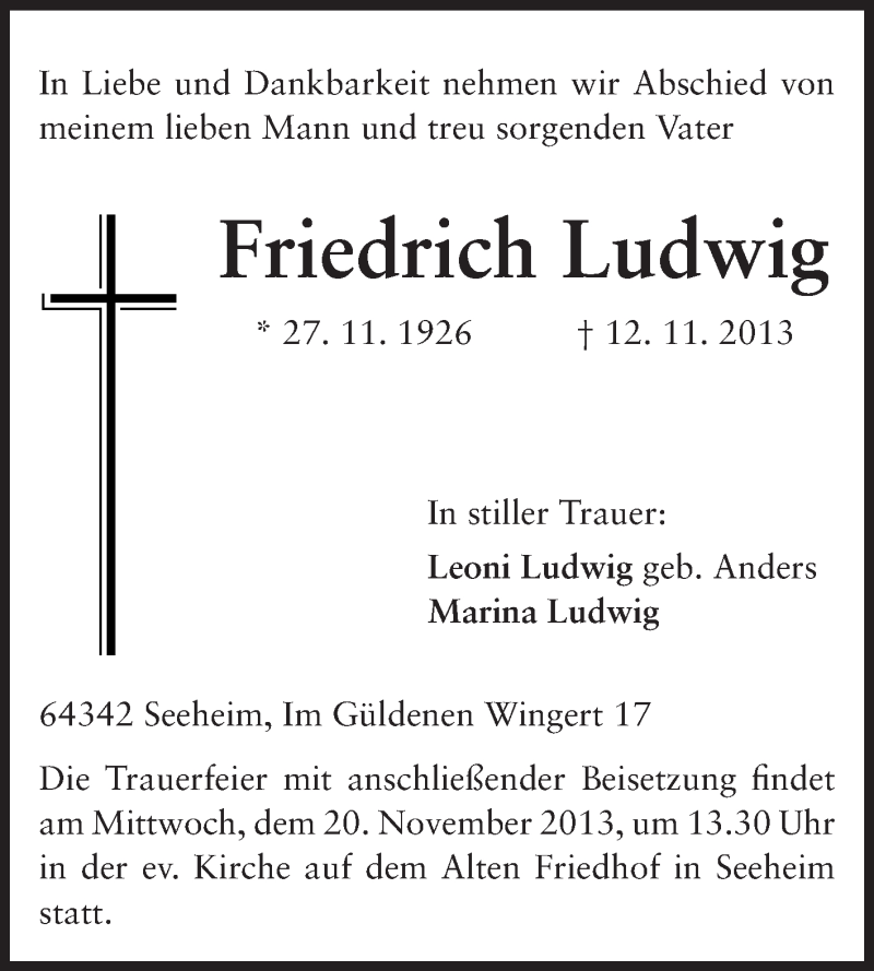  Traueranzeige für Friedrich Ludwig vom 16.11.2013 aus Echo-Zeitungen (Gesamtausgabe)