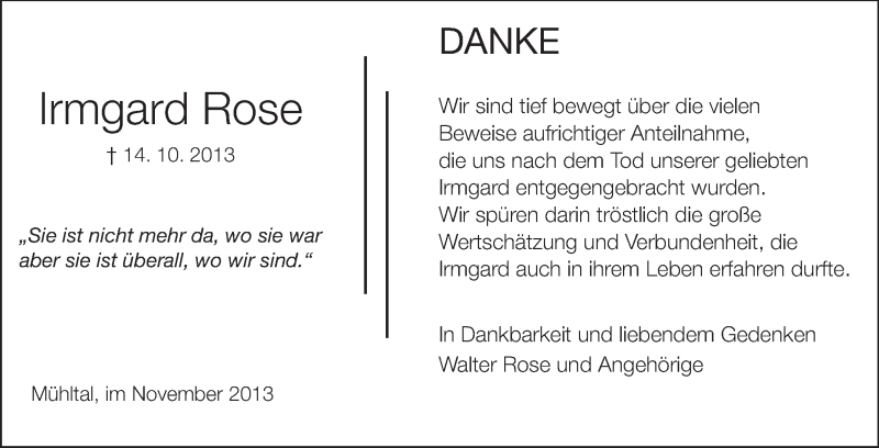  Traueranzeige für Irmgard Rose vom 16.11.2013 aus Echo-Zeitungen (Gesamtausgabe)