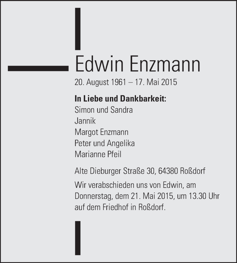  Traueranzeige für Edwin Enzmann vom 19.05.2015 aus Echo-Zeitungen (Gesamtausgabe)