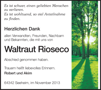 Traueranzeige von Waltraut Rioseco von Echo-Zeitungen (Gesamtausgabe)