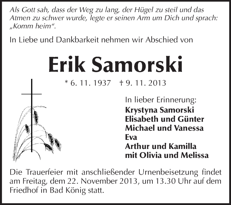  Traueranzeige für Erik Samorski vom 16.11.2013 aus Odenwälder Echo