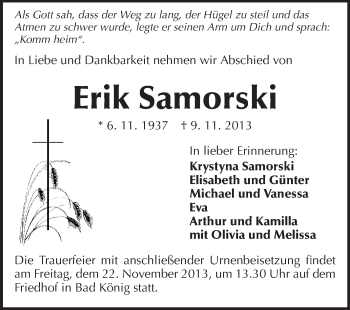 Traueranzeige von Erik Samorski von Odenwälder Echo