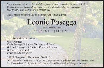 Traueranzeige von Leonie Posegga von Echo-Zeitungen (Gesamtausgabe)