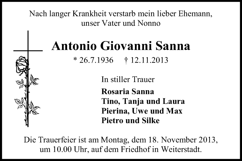  Traueranzeige für Antonio Giovanni Sanna vom 16.11.2013 aus Echo-Zeitungen (Gesamtausgabe)