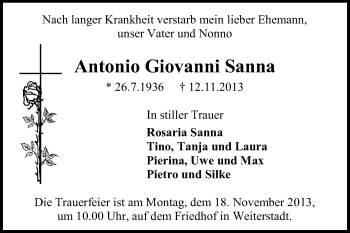 Traueranzeige von Antonio Giovanni Sanna von Echo-Zeitungen (Gesamtausgabe)